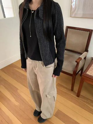 Side Contrast Ribbed High-Neck Vintage Zip-Up
