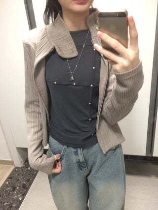 Side Contrast Ribbed High-Neck Vintage Zip-Up