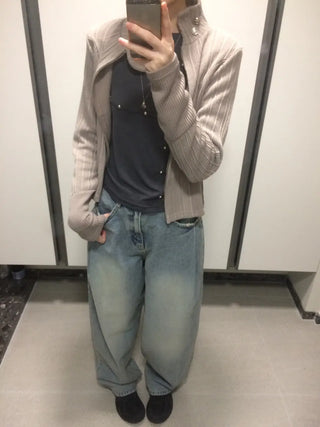 Side Contrast Ribbed High-Neck Vintage Zip-Up