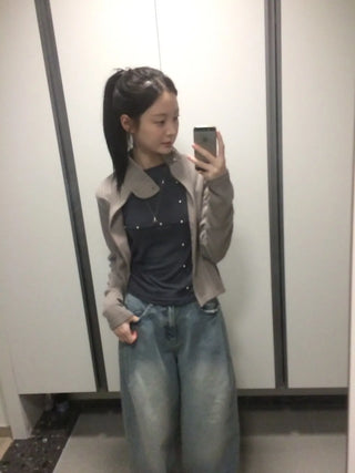 Side Contrast Ribbed High-Neck Vintage Zip-Up