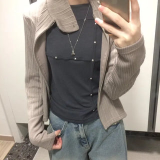 Side Contrast Ribbed High-Neck Vintage Zip-Up