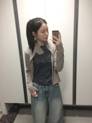 Side Contrast Ribbed High-Neck Vintage Zip-Up