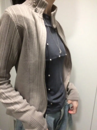 Side Contrast Ribbed High-Neck Vintage Zip-Up