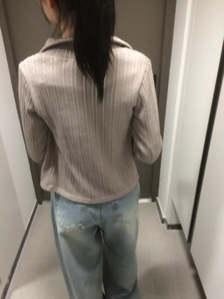 Side Contrast Ribbed High-Neck Vintage Zip-Up