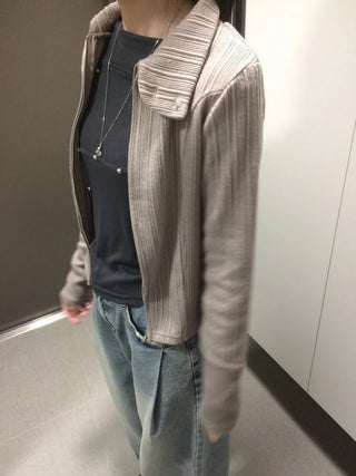 Side Contrast Ribbed High-Neck Vintage Zip-Up