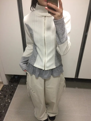 Side Contrast Ribbed High-Neck Vintage Zip-Up