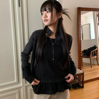 Side Contrast Ribbed High-Neck Vintage Zip-Up