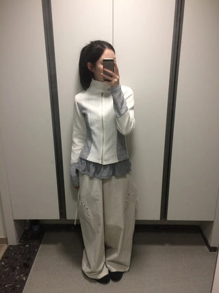 Side Contrast Ribbed High-Neck Vintage Zip-Up