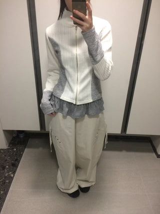 Side Contrast Ribbed High-Neck Vintage Zip-Up