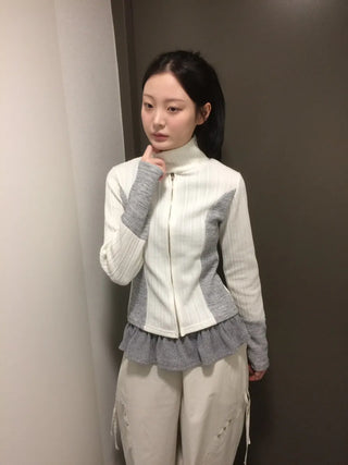 Side Contrast Ribbed High-Neck Vintage Zip-Up