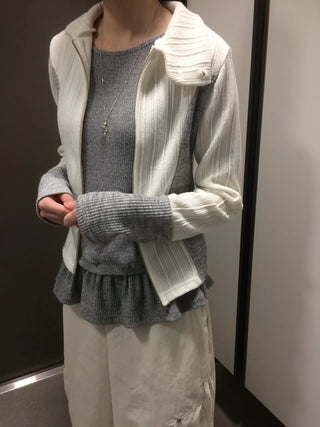 Side Contrast Ribbed High-Neck Vintage Zip-Up