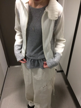 Side Contrast Ribbed High-Neck Vintage Zip-Up