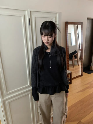 Side Contrast Ribbed High-Neck Vintage Zip-Up