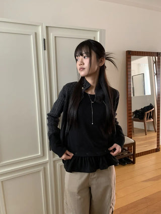 Side Contrast Ribbed High-Neck Vintage Zip-Up