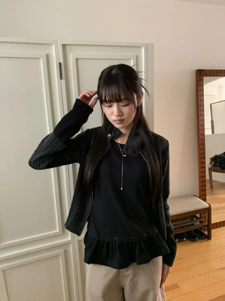 Side Contrast Ribbed High-Neck Vintage Zip-Up