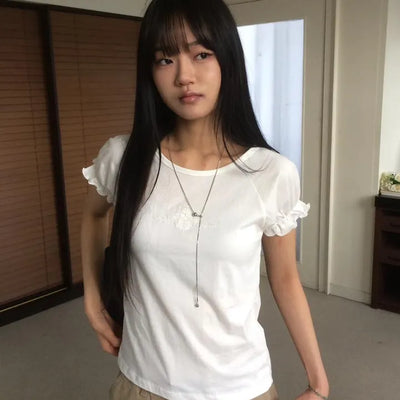 Flower Embroidery Shirred Puff Vintage Short Sleeve T-shirt