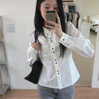 Two-button cut-out shirred busquet long-sleeve shirt