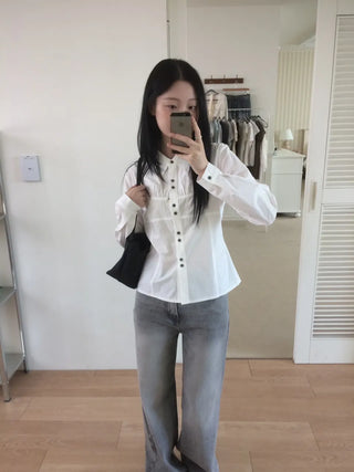 Two-button cut-out shirred busquet long-sleeve shirt