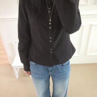 Two-button cut-out shirred busquet long-sleeve shirt