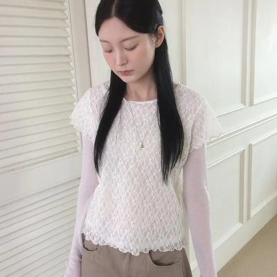Lace Layered See-through Eye Short Sleeve T-shirt