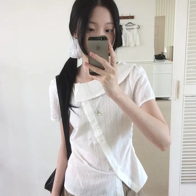 Round Stripe Diagonal Button Short Sleeve Blouse