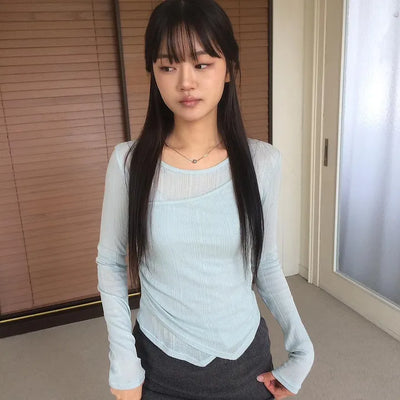 Summer Ribbed Layered Halter Long Sleeve T-shirt