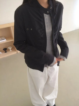 Shirred Vintage Biker Pocket Windbreaker Jacket