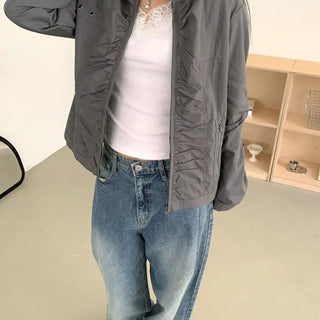 Shirred Vintage Biker Pocket Windbreaker Jacket