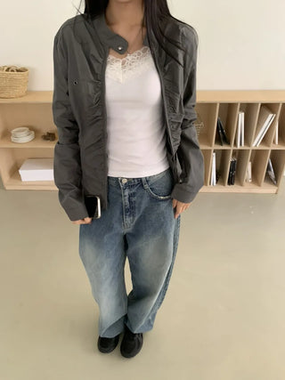 Shirred Vintage Biker Pocket Windbreaker Jacket