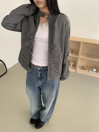 Shirred Vintage Biker Pocket Windbreaker Jacket