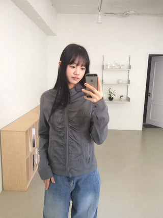 Shirred Vintage Biker Pocket Windbreaker Jacket