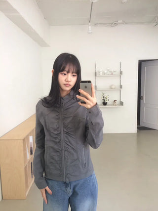 Shirred Vintage Biker Pocket Windbreaker Jacket