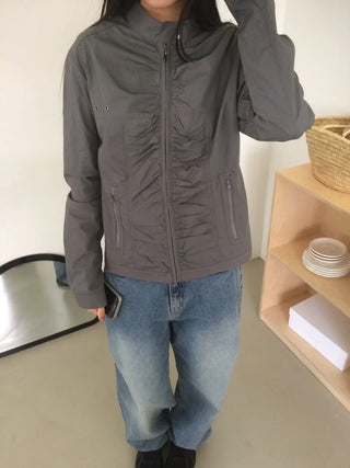 Shirred Vintage Biker Pocket Windbreaker Jacket