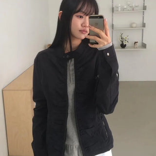 Shirred Vintage Biker Pocket Windbreaker Jacket