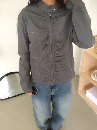 Shirred Vintage Biker Pocket Windbreaker Jacket