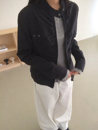 Shirred Vintage Biker Pocket Windbreaker Jacket