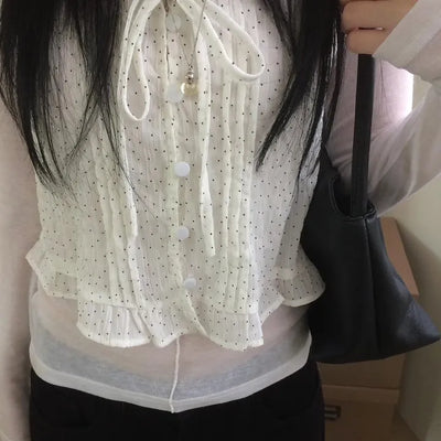 Dot Chiffon Sleeveless Blouse with Button Straps and Ribbon