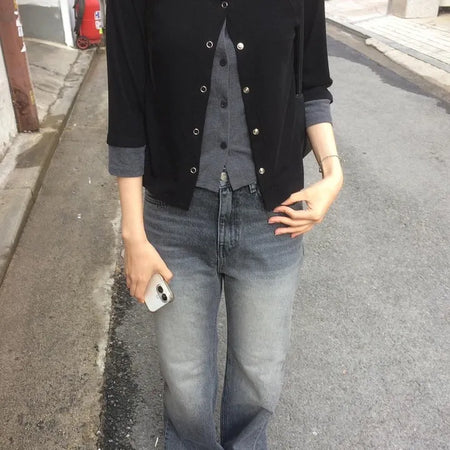Two-tone Snap Layered Double 34 Sleeve Cardigan