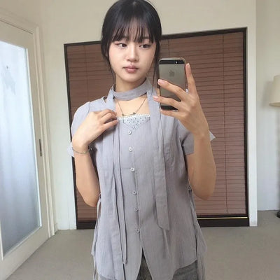 Button V-neck Striped Strap Short Sleeve Blouse