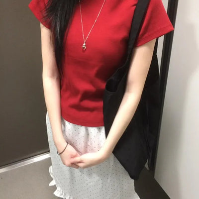 Stretchy Ribbed Color Round Cut Short Sleeve T-shirt