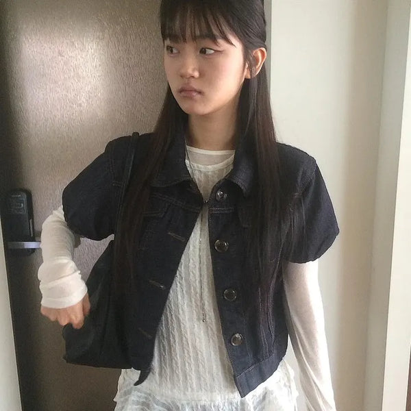 Dark Blue Kitsch Elastic Button Denim Short Sleeve Jacket
