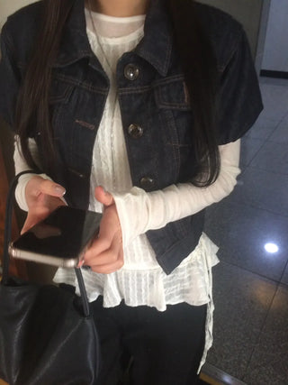 Dark Blue Kitsch Elastic Button Denim Short Sleeve Jacket