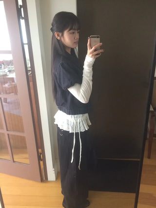 Dark Blue Kitsch Elastic Button Denim Short Sleeve Jacket
