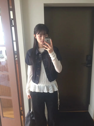 Dark Blue Kitsch Elastic Button Denim Short Sleeve Jacket