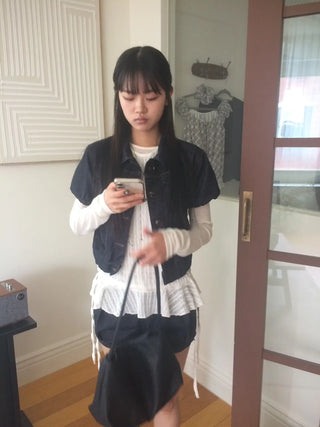 Dark Blue Kitsch Elastic Button Denim Short Sleeve Jacket