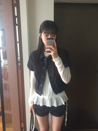 Dark Blue Kitsch Elastic Button Denim Short Sleeve Jacket