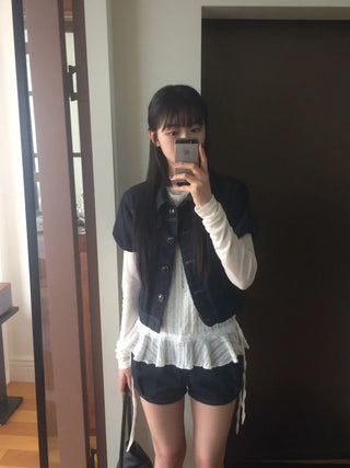 Dark Blue Kitsch Elastic Button Denim Short Sleeve Jacket