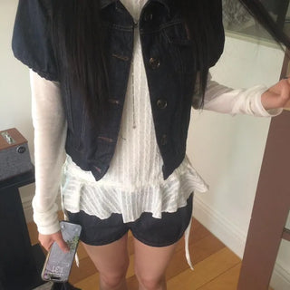 Dark Blue Kitsch Elastic Button Denim Short Sleeve Jacket
