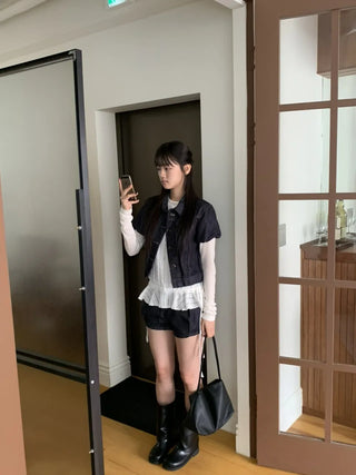 Dark Blue Kitsch Elastic Button Denim Short Sleeve Jacket