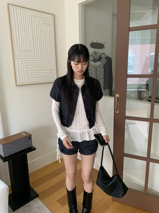 Dark Blue Kitsch Elastic Button Denim Short Sleeve Jacket